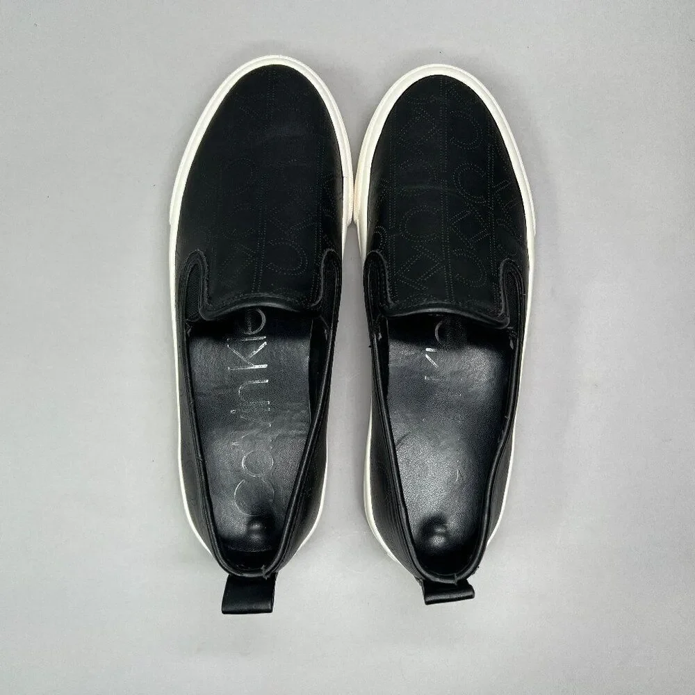 Calvin Klein Women's Size 6 Valette Black CK All Over‎ Print Slip On Sneakers